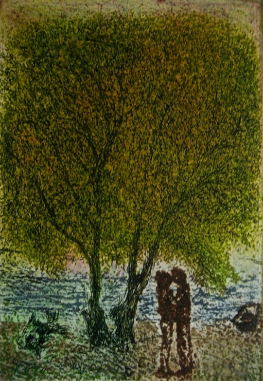 'Kiss', etching & aquatint, 12.5 x 8.5 cm, edition of 50