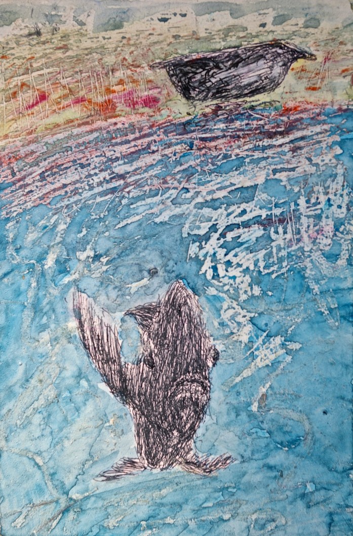 Untitled Composition with Fish and Bathtub, ink & mixed media on board, 15 x 10 cm, 2014