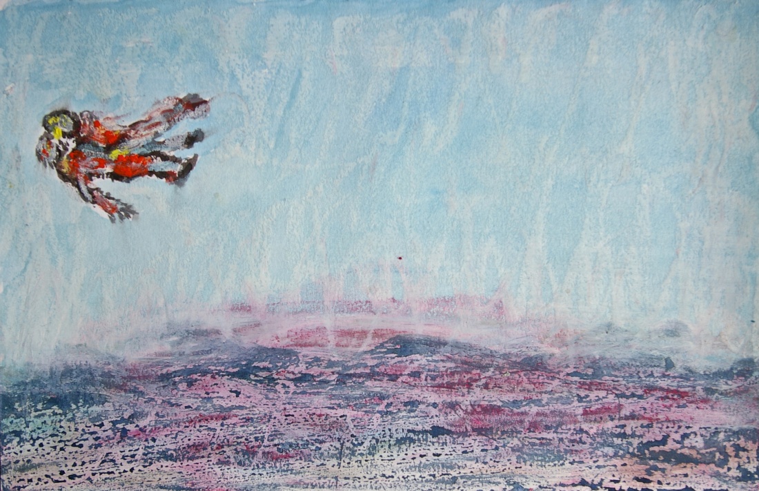 'Lovers Over Hallucinated Landscape', mixed media on paper, 15 x 21 cm