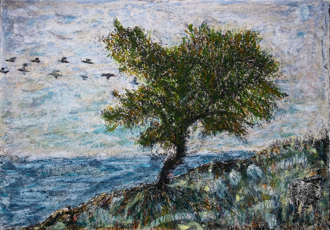 Tree at Stormy Shore, etching with mixed media, 15 x 21 cm, edition of 1.