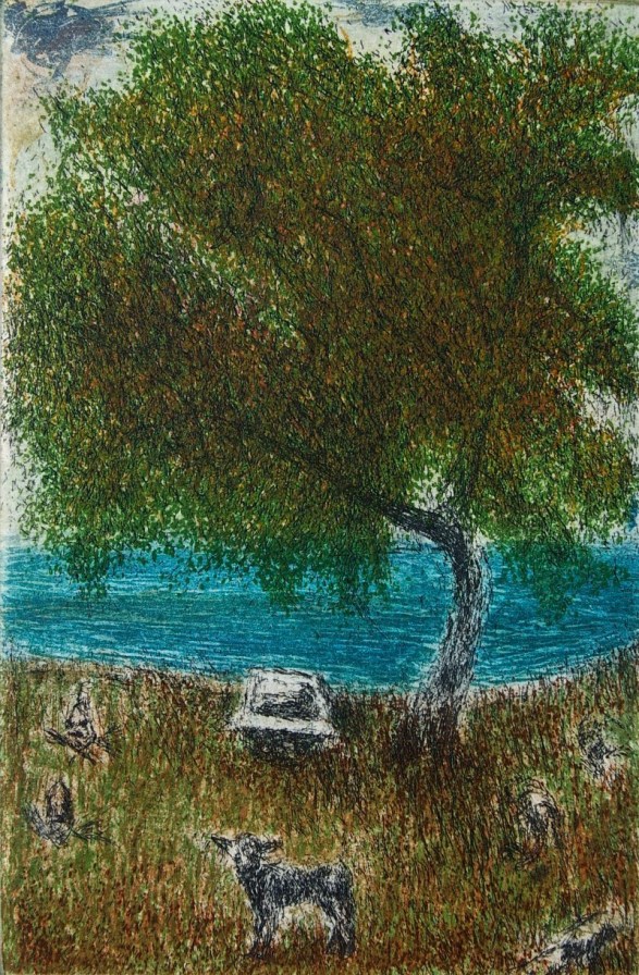 Self Portrait with a tree and a bathtub.