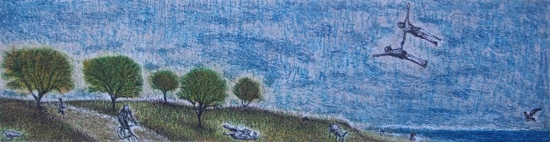 Levitating Lovers Over the World, etching and aquatint, 15.8 x 60 cm