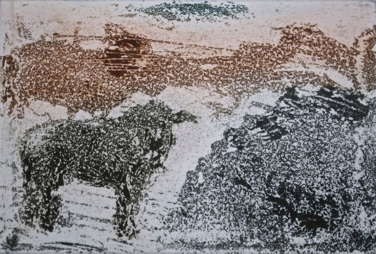 Sheep in Cill Rialaig, aquatint,