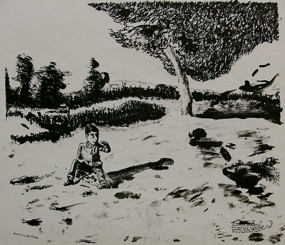 Boy Eating Soup Near a Forest, lime stone lithograph, 36 x 31 cm, edition of 4